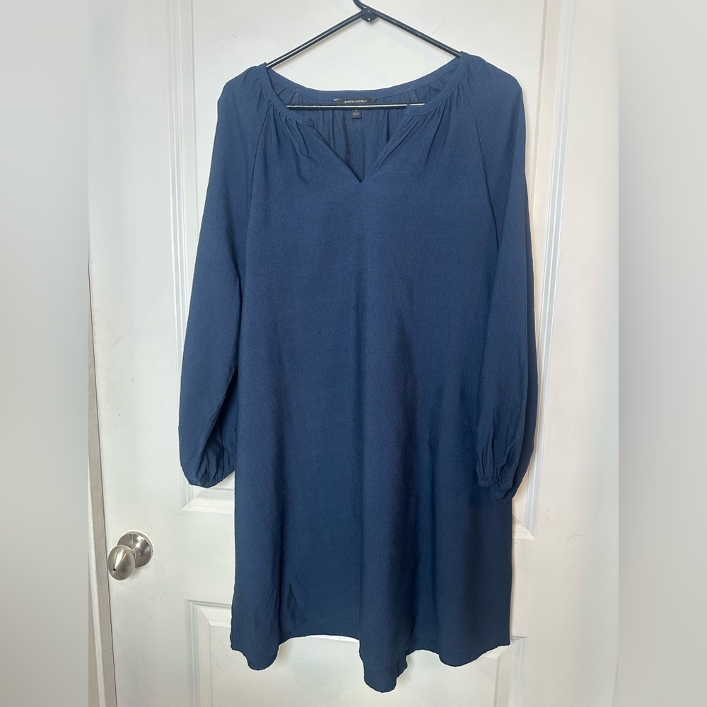 Banana Republic Split Neck Relaxed Long Sleeve Navy Shirt Dress, Small